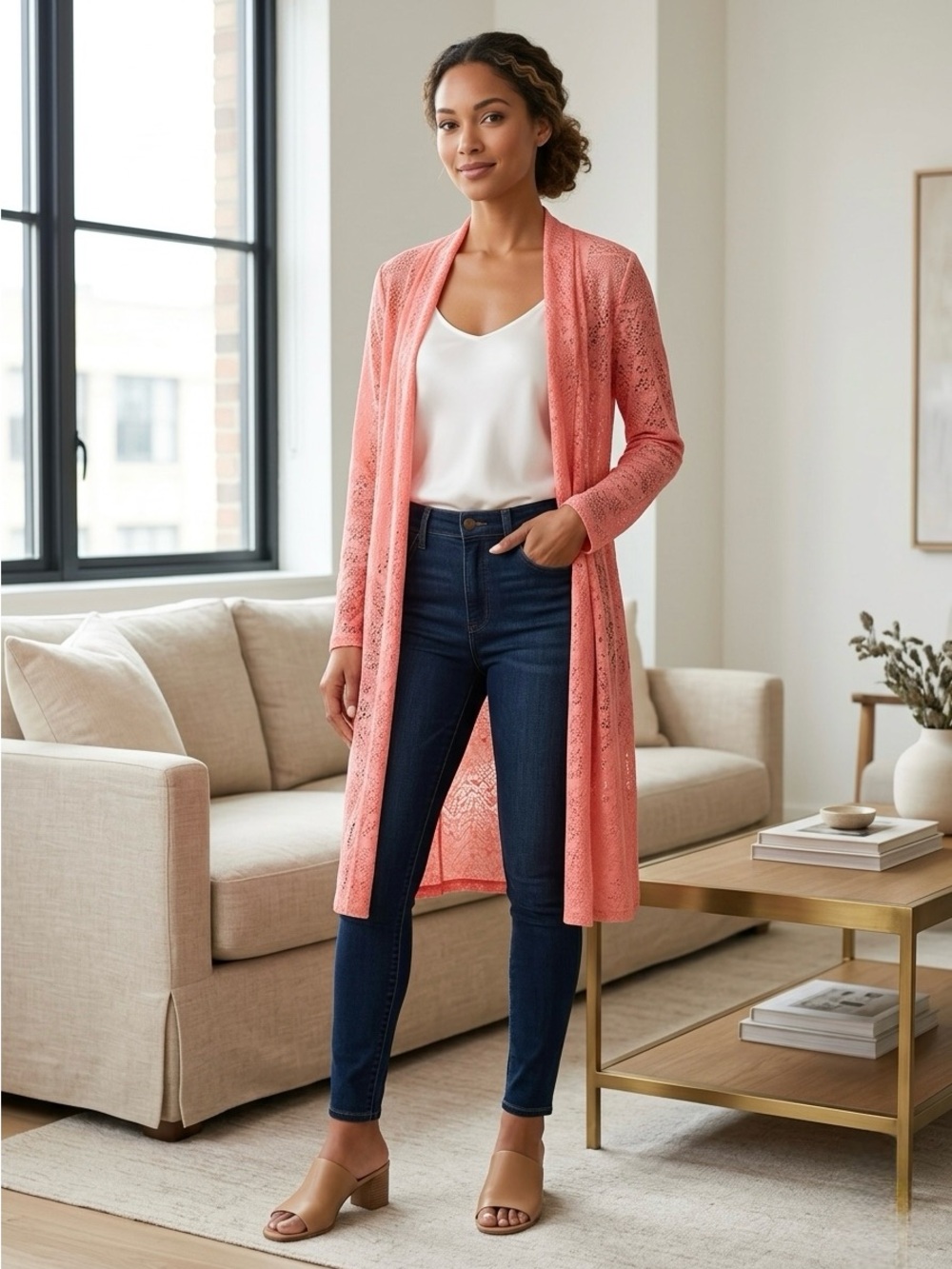 Coral Lace Cardigan Duster - Picture 1 of 3